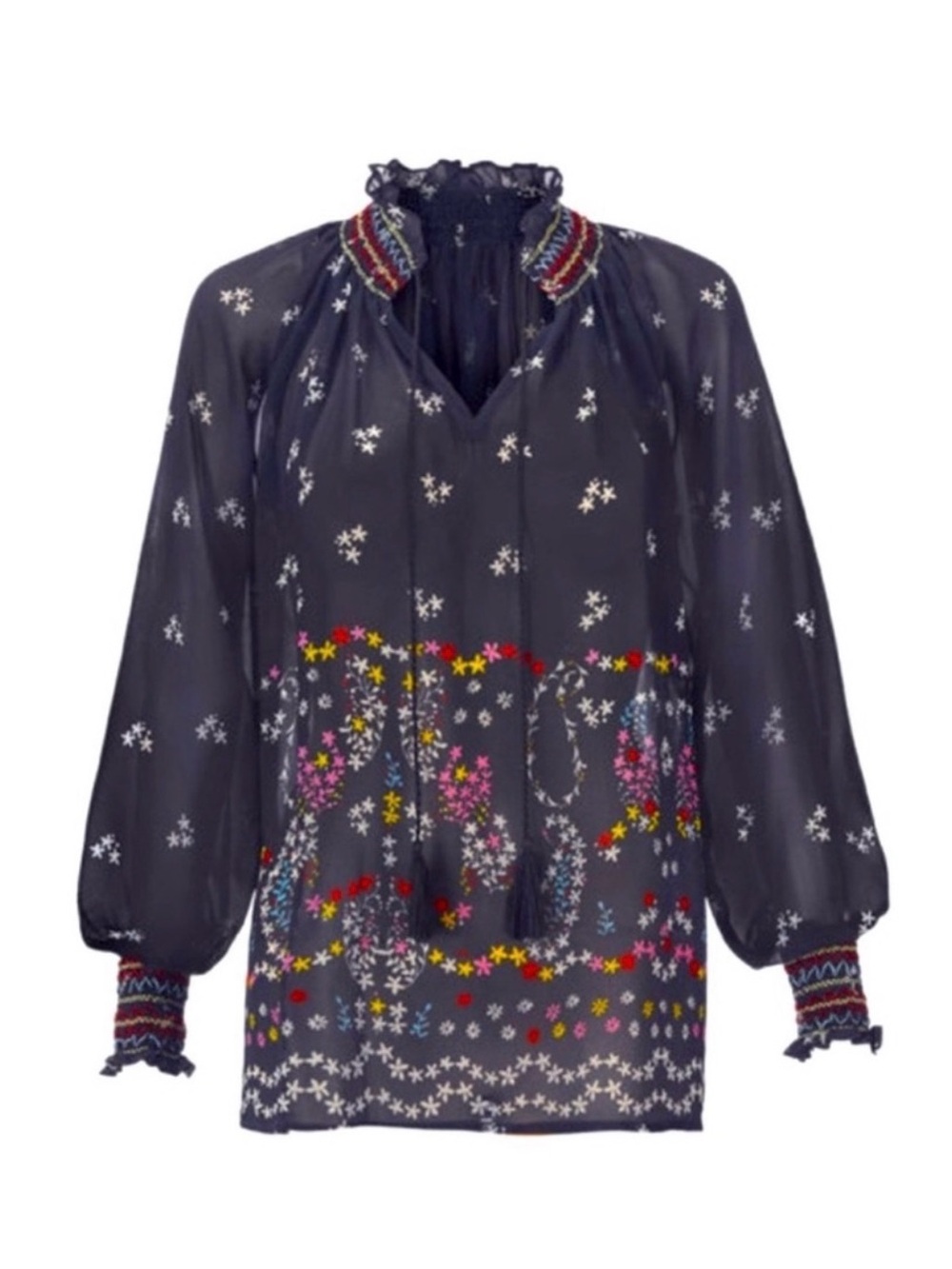 CAbi Navy Sheer Floral-Embroidered Peasant Blouse Style 5784